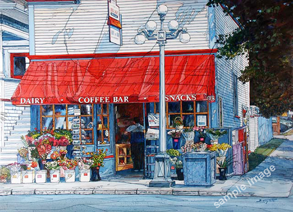 Bird Cages Walk is a painting of the oldest grocery store in Victoria BC.
