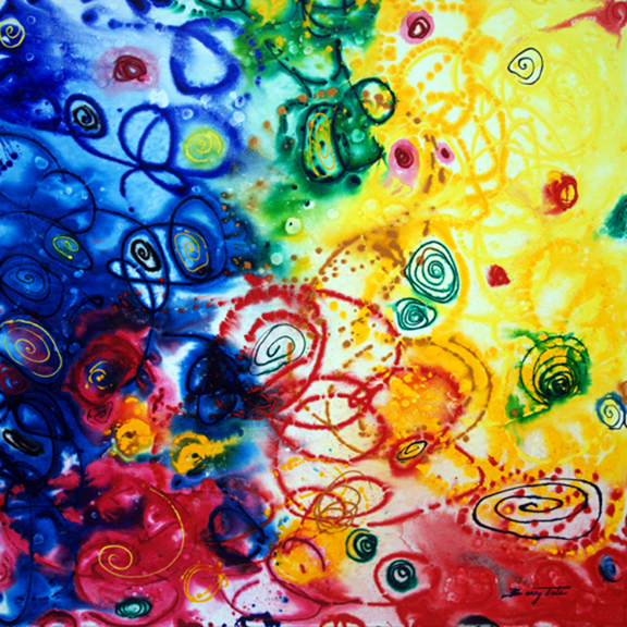 Colorful abstract painting based on circles, by Barry Tate